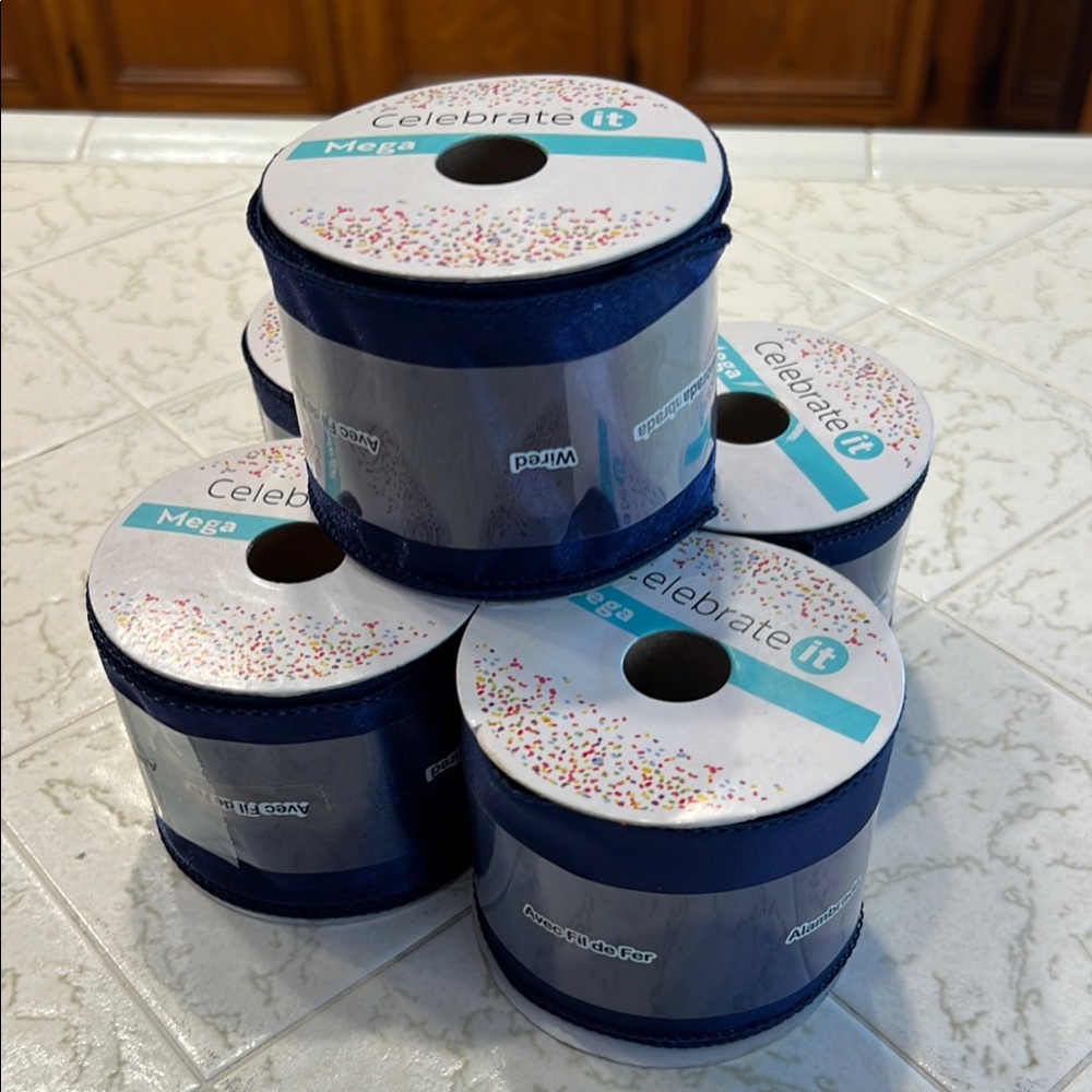 Celebrate It Deep Blue Party Ribbon. 2.5” inches. Wired. 10 yd per spool